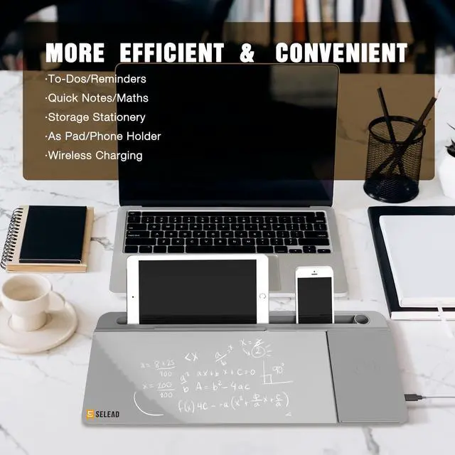 Alt view image 2 of 7 - Desktop Glass Whiteboard with Wireless Charger Station, Dry Erase White Board Computer Pad Keyboard Stand with Organizer for Home, School, Office Desk Accessories, Gray
