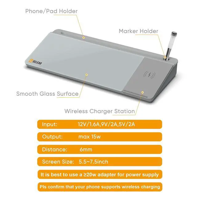 Alt view image 5 of 7 - Desktop Glass Whiteboard with Wireless Charger Station, Dry Erase White Board Computer Pad Keyboard Stand with Organizer for Home, School, Office Desk Accessories, Gray