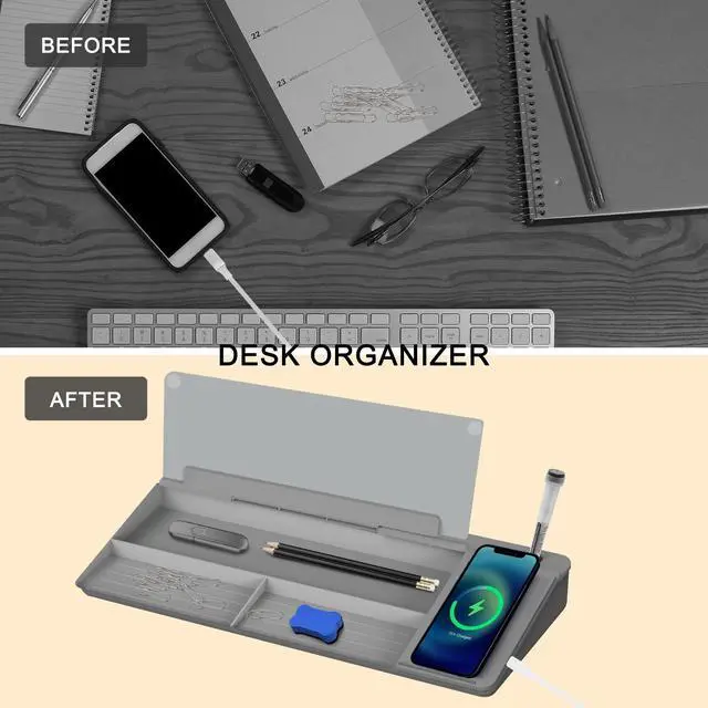 Alt view image 7 of 7 - Desktop Glass Whiteboard with Wireless Charger Station, Dry Erase White Board Computer Pad Keyboard Stand with Organizer for Home, School, Office Desk Accessories, Gray