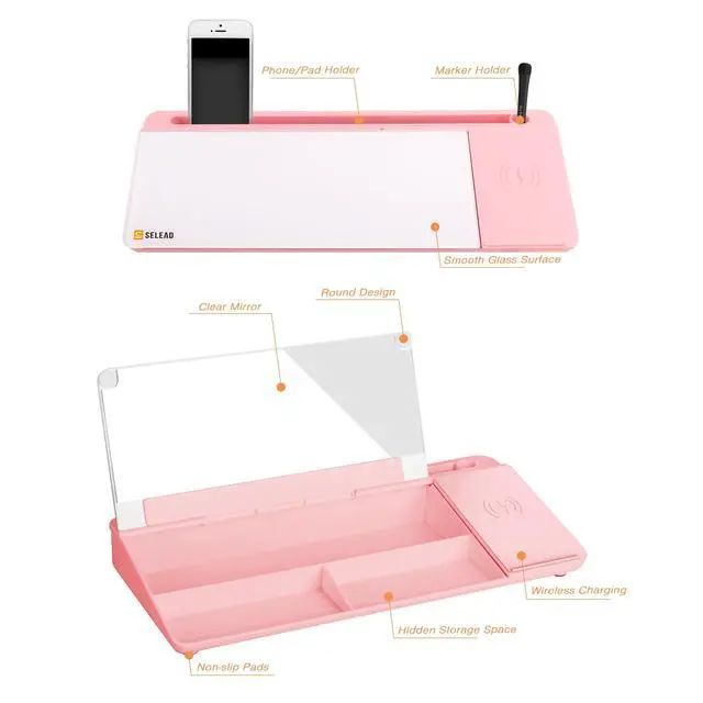 Alt view image 5 of 6 - Desktop Glass Whiteboard with Wireless Charger Station and Mirror, Desk Dry Erase Board Computer Pad Keyboard Stand with Organizer for Home, School, Office Accessories for Women, Pink