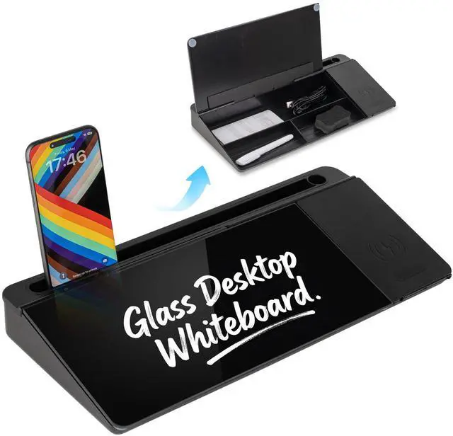 Main image of Glass Desktop Whiteboard with Wireless Charger & Storage, Desk Dry Erase Note Memo Board, Compact Desk Organizer for Desk, Home, Study, Office, Back to School Supplies, Black, 2026