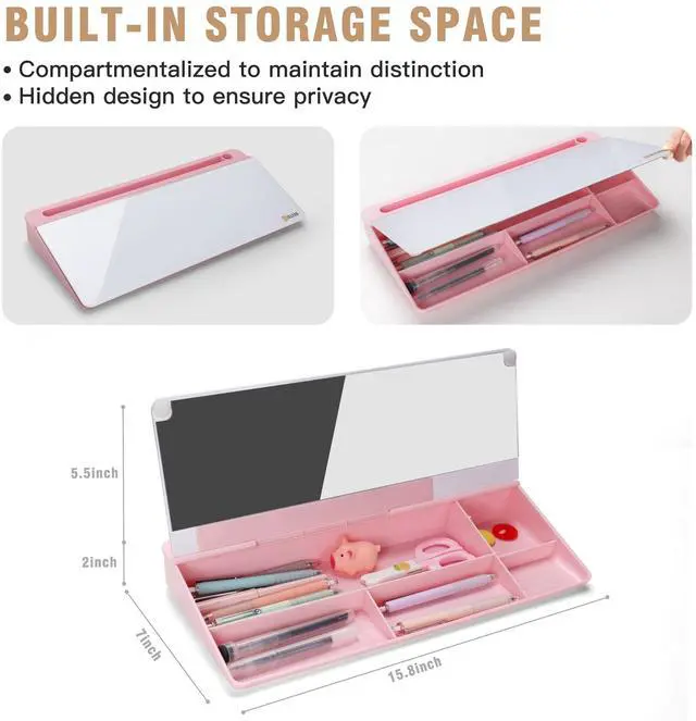 Alt view image 5 of 7 - Desktop Glass Whiteboard with Organizer & Built-in Mirror - Small Dry Erase White Board Computer Pad Keyboard Stand with Markers, Eraser, Holder for Women - Pink