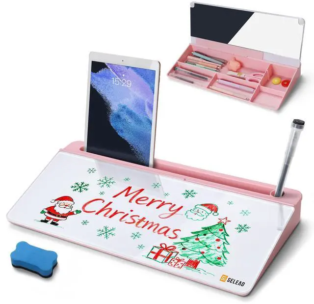 Main image of Desktop Glass Whiteboard with Organizer & Built-in Mirror - Small Dry Erase White Board Computer Pad Keyboard Stand with Markers, Eraser, Holder for Women - Pink