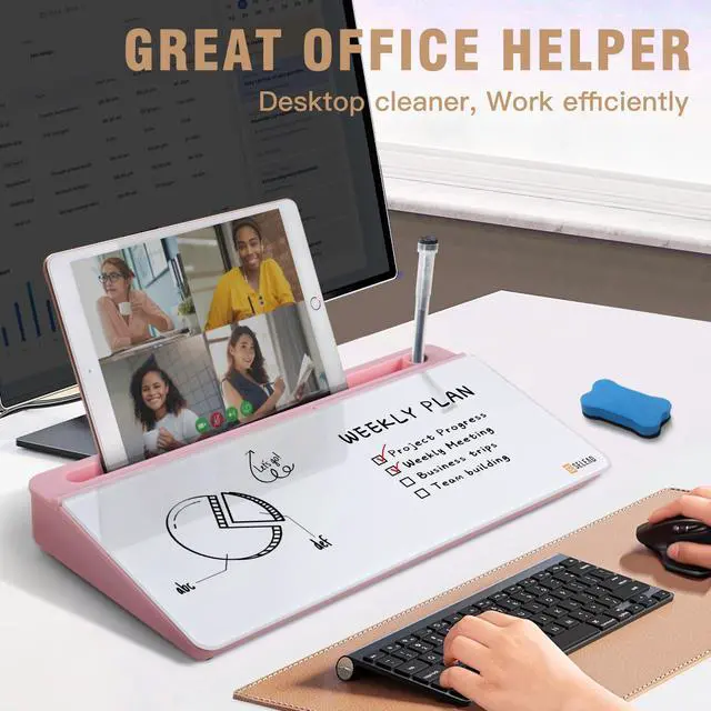 Alt view image 3 of 7 - Desktop Glass Whiteboard with Organizer & Built-in Mirror - Small Dry Erase White Board Computer Pad Keyboard Stand with Markers, Eraser, Holder for Women - Pink