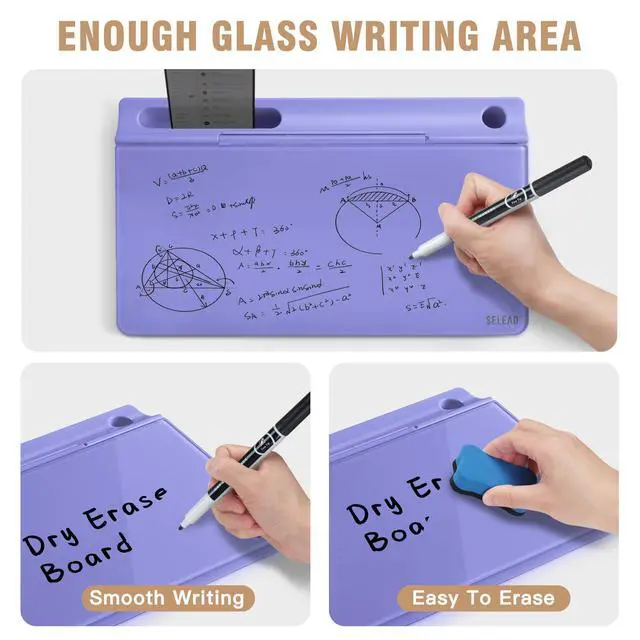 Alt view image 2 of 5 - Desktop Glass Whiteboard with Storage, Small Dry Erase White Board Computer Pad Keyboard Stand for Home, School, Office Desk Accessories - Purple