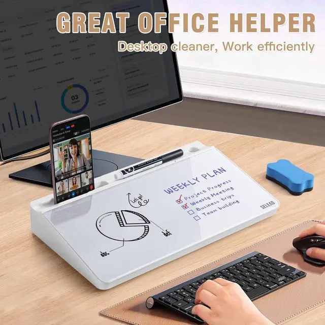 Alt view image 2 of 7 - Desktop Glass Whiteboard with Storage, Small Dry Erase White Board Computer Pad Keyboard Stand for Home, School, Office Desk Accessories - White