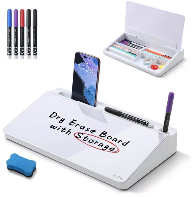 Main image of Desktop Glass Whiteboard with Storage, Small Dry Erase White Board Computer Pad Keyboard Stand for Home, School, Office Desk Accessories - White