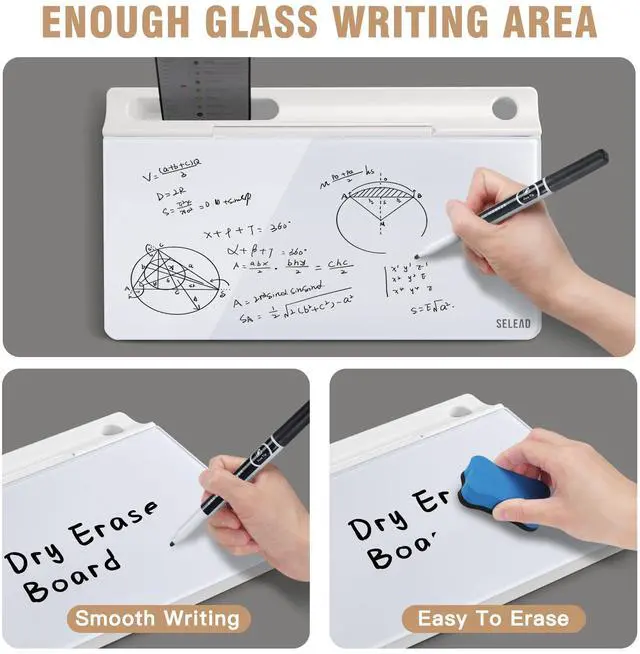 Alt view image 3 of 7 - Desktop Glass Whiteboard with Storage, Small Dry Erase White Board Computer Pad Keyboard Stand for Home, School, Office Desk Accessories - White