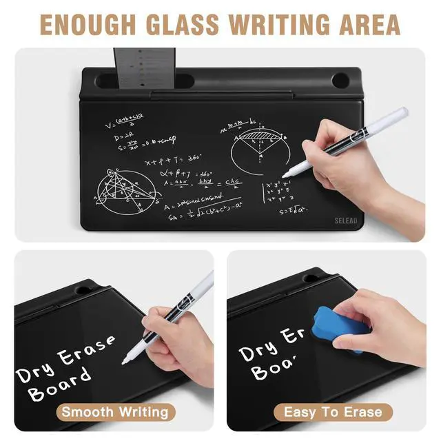 Alt view image 3 of 7 - Desktop Glass Whiteboard with Storage, Small Dry Erase White Board Computer Pad Keyboard Stand for Home, School, Office Desk Accessories - Black