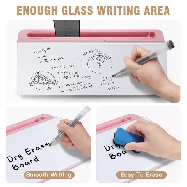 Alt view image 4 of 7 - Desktop Glass Whiteboard with Organizer & Built-in Mirror - Small Dry Erase White Board Computer Pad Keyboard Stand with Markers, Eraser, Holder for Women - Pink