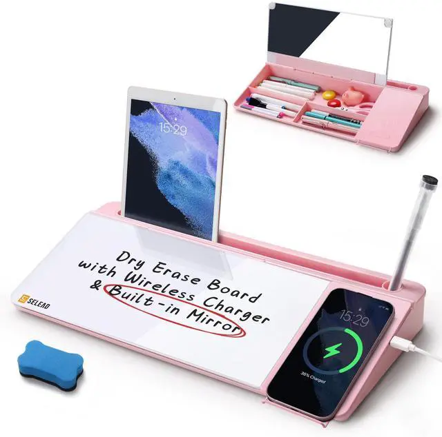 Main image of Desktop Glass Whiteboard with Wireless Charger Station and Mirror, Desk Dry Erase Board Computer Pad Keyboard Stand with Organizer for Home, School, Office Accessories for Women, Pink