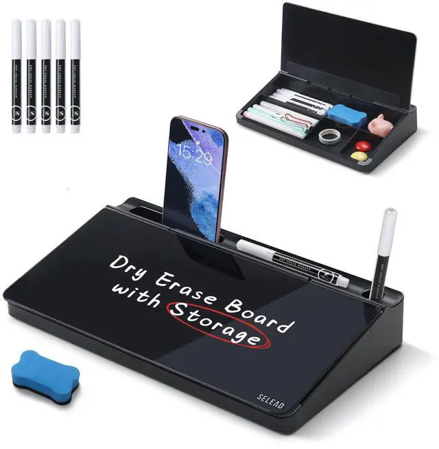 Main image of Desktop Glass Whiteboard with Storage, Small Dry Erase White Board Computer Pad Keyboard Stand for Home, School, Office Desk Accessories - Black