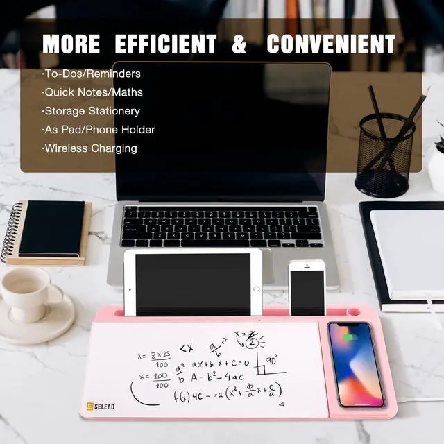 Alt view image 4 of 6 - Desktop Glass Whiteboard with Wireless Charger Station and Mirror, Desk Dry Erase Board Computer Pad Keyboard Stand with Organizer for Home, School, Office Accessories for Women, Pink