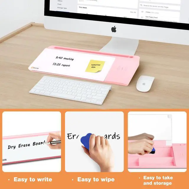 Alt view image 6 of 6 - Desktop Glass Whiteboard with Wireless Charger Station and Mirror, Desk Dry Erase Board Computer Pad Keyboard Stand with Organizer for Home, School, Office Accessories for Women, Pink
