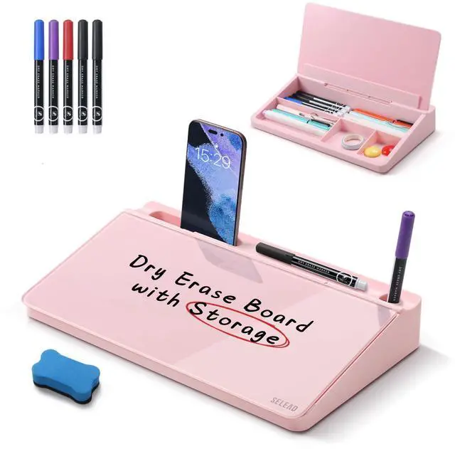 Main image of Desktop Glass Whiteboard with Storage, Small Dry Erase White Board Computer Pad Keyboard Stand for Home, School, Office Desk Accessories - Pink