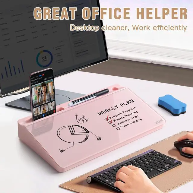 Alt view image 2 of 7 - Desktop Glass Whiteboard with Storage, Small Dry Erase White Board Computer Pad Keyboard Stand for Home, School, Office Desk Accessories - Pink