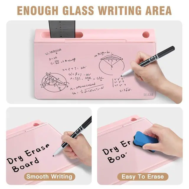 Alt view image 3 of 7 - Desktop Glass Whiteboard with Storage, Small Dry Erase White Board Computer Pad Keyboard Stand for Home, School, Office Desk Accessories - Pink