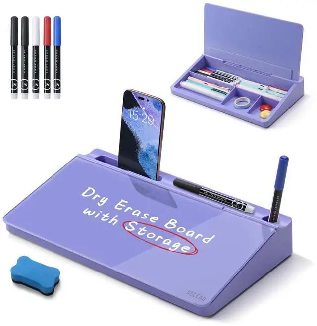 Main image of Desktop Glass Whiteboard with Storage, Small Dry Erase White Board Computer Pad Keyboard Stand for Home, School, Office Desk Accessories - Purple