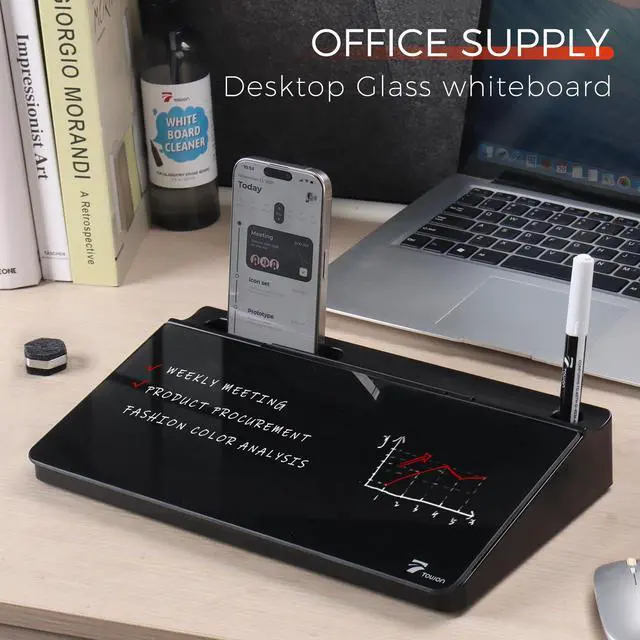 Alt view image 2 of 6 - small Compact Glass Desktop Whiteboard with Storage 12 x 7 in Dry Erase Board for Desk, Home Office, School | Includes 5 Markers, Eraser & Holder | Space-Saving Organizer, Aesthetic Black