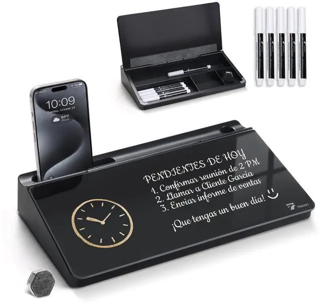 Main image of small Compact Glass Desktop Whiteboard with Storage 12 x 7 in Dry Erase Board for Desk, Home Office, School | Includes 5 Markers, Eraser & Holder | Space-Saving Organizer, Aesthetic Black