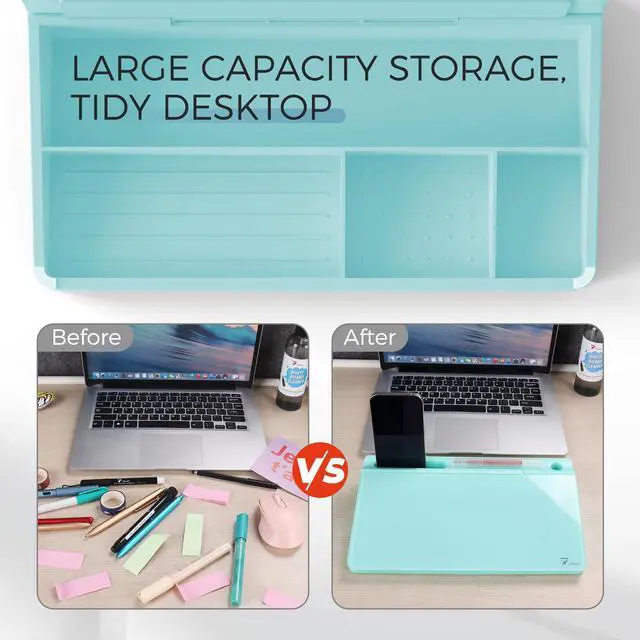 Alt view image 5 of 6 - Small Compact Glass Desktop Whiteboard with Storage 12 x 7 in Dry Erase Board for Desk, Home Office, School | Includes 5 Markers, Eraser & Holder | Space-Saving Organizer, Aesthetic Teal Blue