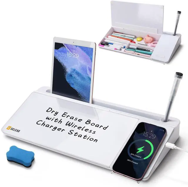 Main image of Desktop Glass Whiteboard with Wireless Charger Station, Dry Erase Board Computer Pad Keyboard Stand with Organizer Drawer for Home, School, Office Desk Accessories, White