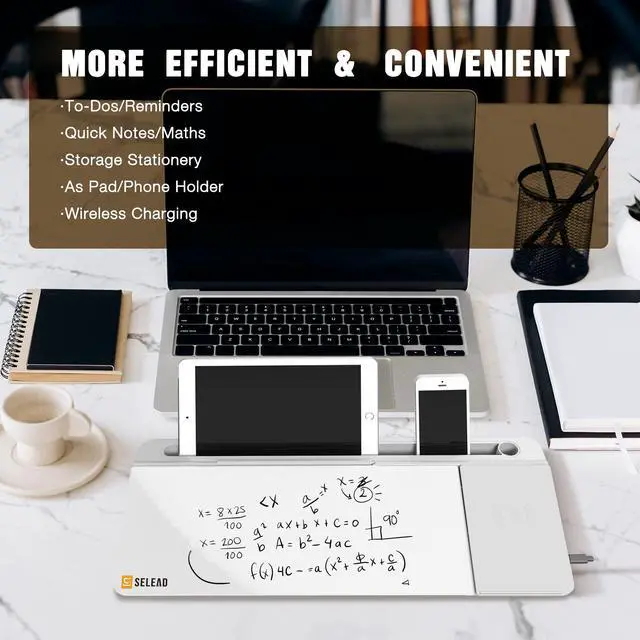 Alt view image 3 of 7 - Desktop Glass Whiteboard with Wireless Charger Station, Dry Erase Board Computer Pad Keyboard Stand with Organizer Drawer for Home, School, Office Desk Accessories, White