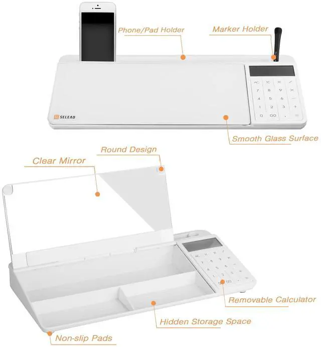 Alt view image 4 of 6 - Desktop Glass Whiteboard with Calculator & Built-in Mirror, Dry Erase White Board Computer Pad Keyboard Stand with Organizer Drawer, Desk Accessories for Home, School, Office