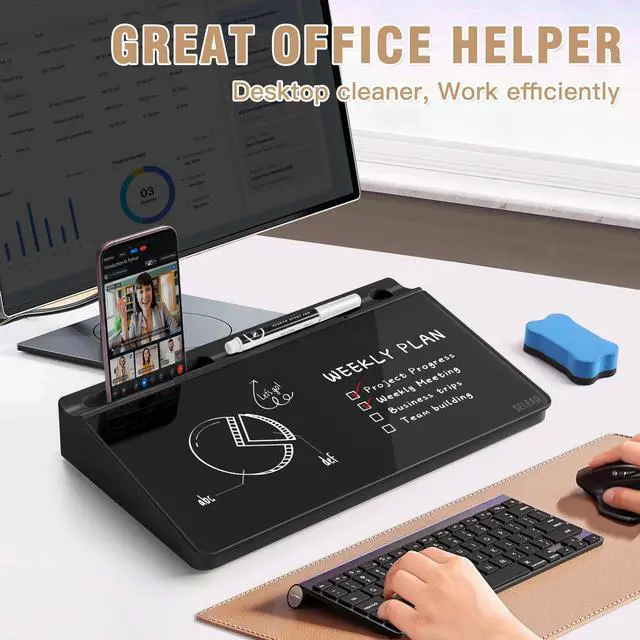 Alt view image 2 of 7 - Desktop Glass Whiteboard with Storage, Small Dry Erase White Board Computer Pad Keyboard Stand for Home, School, Office Desk Accessories - Black