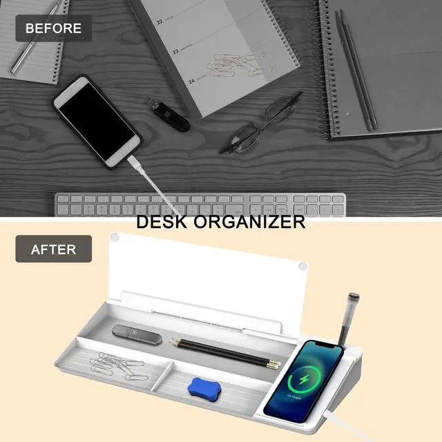 Alt view image 7 of 7 - Desktop Glass Whiteboard with Wireless Charger Station, Dry Erase Board Computer Pad Keyboard Stand with Organizer Drawer for Home, School, Office Desk Accessories, White