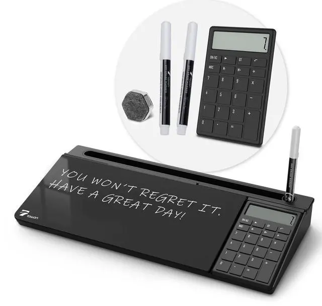 Main image of Desktop Glass Whiteboard with Basic Calculator, 12 Digit LCD Display, Desk Organizers with Accessories for Office, Home, School Supplies, Storage with Dry Erase Board Surface, Black, 17'' x 6''