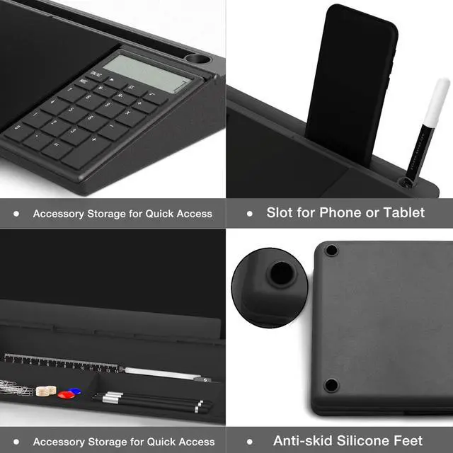 Alt view image 6 of 7 - Desktop Glass Whiteboard with Basic Calculator, 12 Digit LCD Display, Desk Organizers with Accessories for Office, Home, School Supplies, Storage with Dry Erase Board Surface, Black, 17'' x 6''