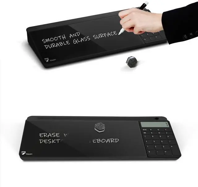 Alt view image 5 of 7 - Desktop Glass Whiteboard with Basic Calculator, 12 Digit LCD Display, Desk Organizers with Accessories for Office, Home, School Supplies, Storage with Dry Erase Board Surface, Black, 17'' x 6''