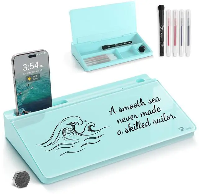 Main image of Small Compact Glass Desktop Whiteboard with Storage 12 x 7 in Dry Erase Board for Desk, Home Office, School | Includes 5 Markers, Eraser & Holder | Space-Saving Organizer, Aesthetic Teal Blue