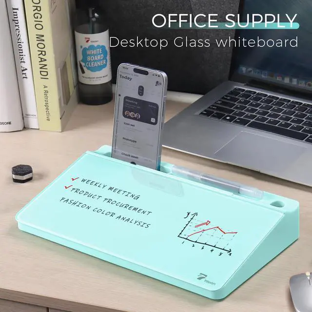 Alt view image 2 of 6 - Small Compact Glass Desktop Whiteboard with Storage 12 x 7 in Dry Erase Board for Desk, Home Office, School | Includes 5 Markers, Eraser & Holder | Space-Saving Organizer, Aesthetic Teal Blue