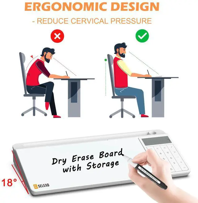 Alt view image 6 of 6 - Desktop Glass Whiteboard with Calculator & Built-in Mirror, Dry Erase White Board Computer Pad Keyboard Stand with Organizer Drawer, Desk Accessories for Home, School, Office