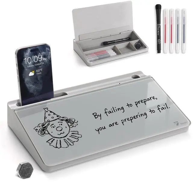 Main image of Small Compact Glass Desktop Whiteboard with Storage 12 x 7 in Dry Erase Board for Desk, Home Office, School | Includes 5 Markers, Eraser & Holder | Space-Saving Organizer, Stone Gray