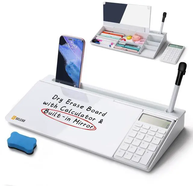 Main image of Desktop Glass Whiteboard with Calculator & Built-in Mirror, Dry Erase White Board Computer Pad Keyboard Stand with Organizer Drawer, Desk Accessories for Home, School, Office