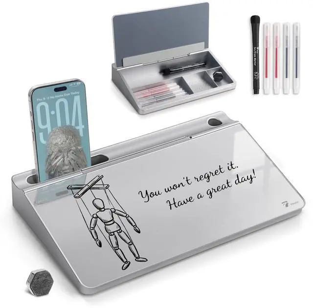 Main image of Small Compact Glass Desktop Whiteboard with Storage 12 x 7 in Dry Erase Board for Desk, Home Office, School | Includes 5 Markers, Eraser & Holder | Space-Saving Organizer, Metallic Silver