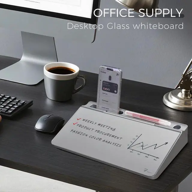 Alt view image 2 of 6 - Small Compact Glass Desktop Whiteboard with Storage 12 x 7 in Dry Erase Board for Desk, Home Office, School | Includes 5 Markers, Eraser & Holder | Space-Saving Organizer, Metallic Silver