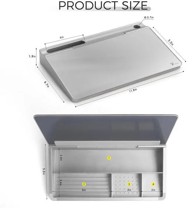 Alt view image 6 of 6 - Small Compact Glass Desktop Whiteboard with Storage 12 x 7 in Dry Erase Board for Desk, Home Office, School | Includes 5 Markers, Eraser & Holder | Space-Saving Organizer, Metallic Silver