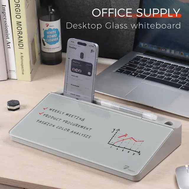 Alt view image 2 of 6 - Small Compact Glass Desktop Whiteboard with Storage 12 x 7 in Dry Erase Board for Desk, Home Office, School | Includes 5 Markers, Eraser & Holder | Space-Saving Organizer, Stone Gray