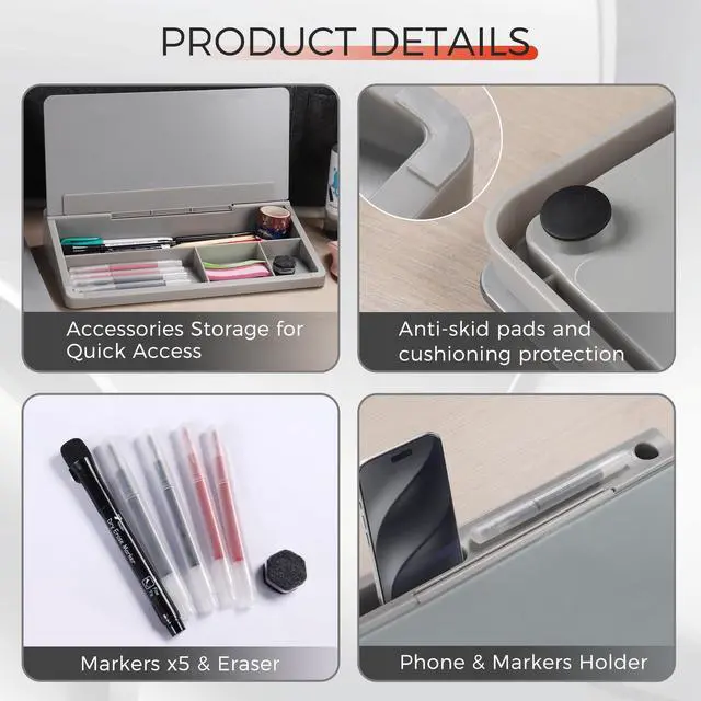 Alt view image 3 of 6 - Small Compact Glass Desktop Whiteboard with Storage 12 x 7 in Dry Erase Board for Desk, Home Office, School | Includes 5 Markers, Eraser & Holder | Space-Saving Organizer, Stone Gray