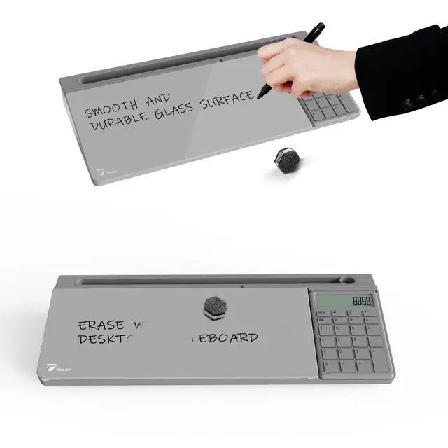 Alt view image 5 of 7 - Desktop Glass Whiteboard with Basic Calculator, 12 Digit LCD Display, Desk Organizers with Accessories for Office, Home, School Supplies, Storage with Dry Erase Board Surface, Gray, 18'' x 6''