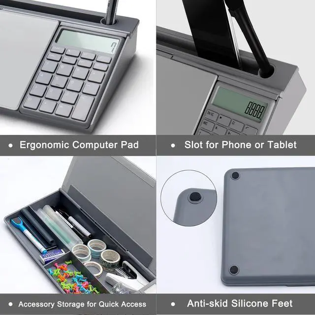 Alt view image 3 of 7 - Desktop Glass Whiteboard with Basic Calculator, 12 Digit LCD Display, Desk Organizers with Accessories for Office, Home, School Supplies, Storage with Dry Erase Board Surface, Gray, 18'' x 6''
