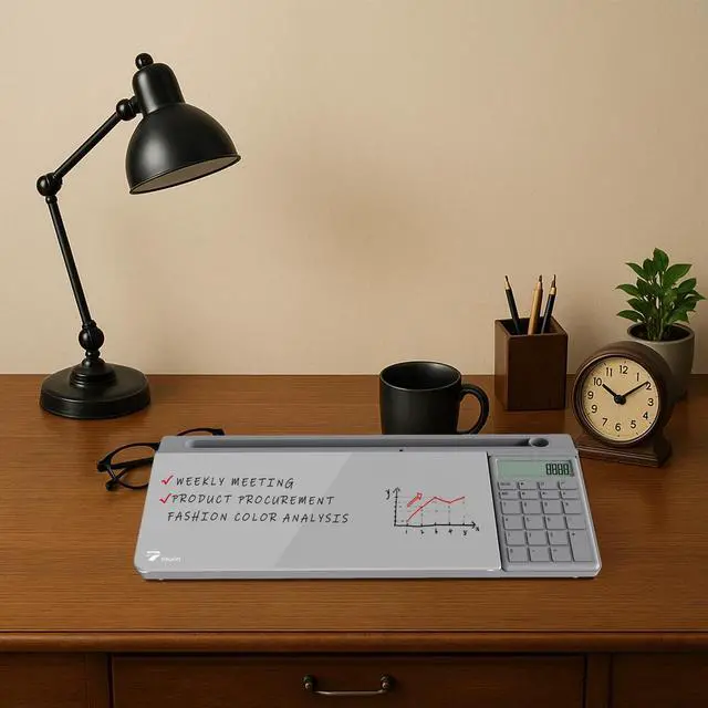 Alt view image 6 of 7 - Desktop Glass Whiteboard with Basic Calculator, 12 Digit LCD Display, Desk Organizers with Accessories for Office, Home, School Supplies, Storage with Dry Erase Board Surface, Gray, 18'' x 6''