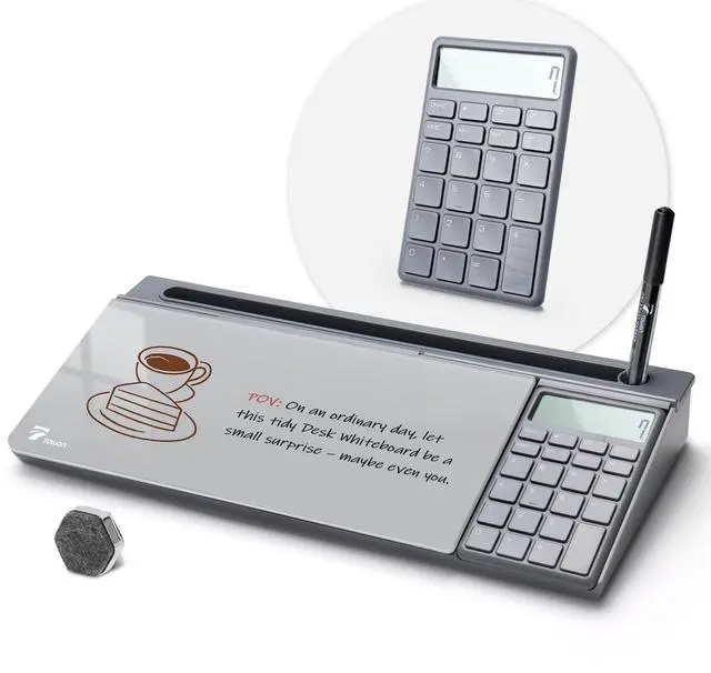 Main image of Desktop Glass Whiteboard with Basic Calculator, 12 Digit LCD Display, Desk Organizers with Accessories for Office, Home, School Supplies, Storage with Dry Erase Board Surface, Gray, 18'' x 6''
