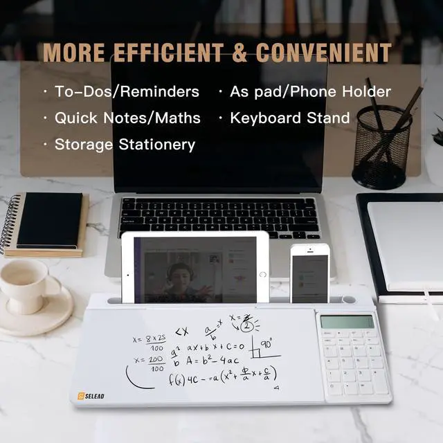 Alt view image 3 of 6 - Desktop Glass Whiteboard with Calculator & Built-in Mirror, Dry Erase White Board Computer Pad Keyboard Stand with Organizer Drawer, Desk Accessories for Home, School, Office