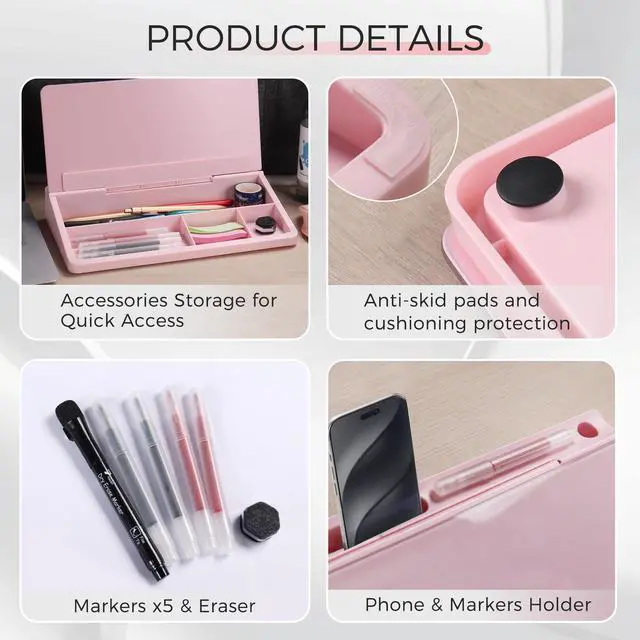 Alt view image 3 of 6 - Small Compact Glass Desktop Whiteboard with Storage 12 x 7 in Dry Erase Board for Desk, Home Office, School | Includes 5 Markers, Eraser & Holder | Space-Saving Organizer, Aesthetic Pink