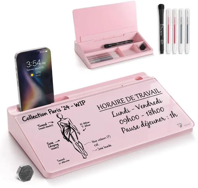 Main image of Small Compact Glass Desktop Whiteboard with Storage 12 x 7 in Dry Erase Board for Desk, Home Office, School | Includes 5 Markers, Eraser & Holder | Space-Saving Organizer, Aesthetic Pink